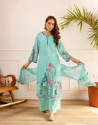 Powder Blue Notched V-Neck Digital Printed Straight 3 Piece Kurta Set with Dupatta