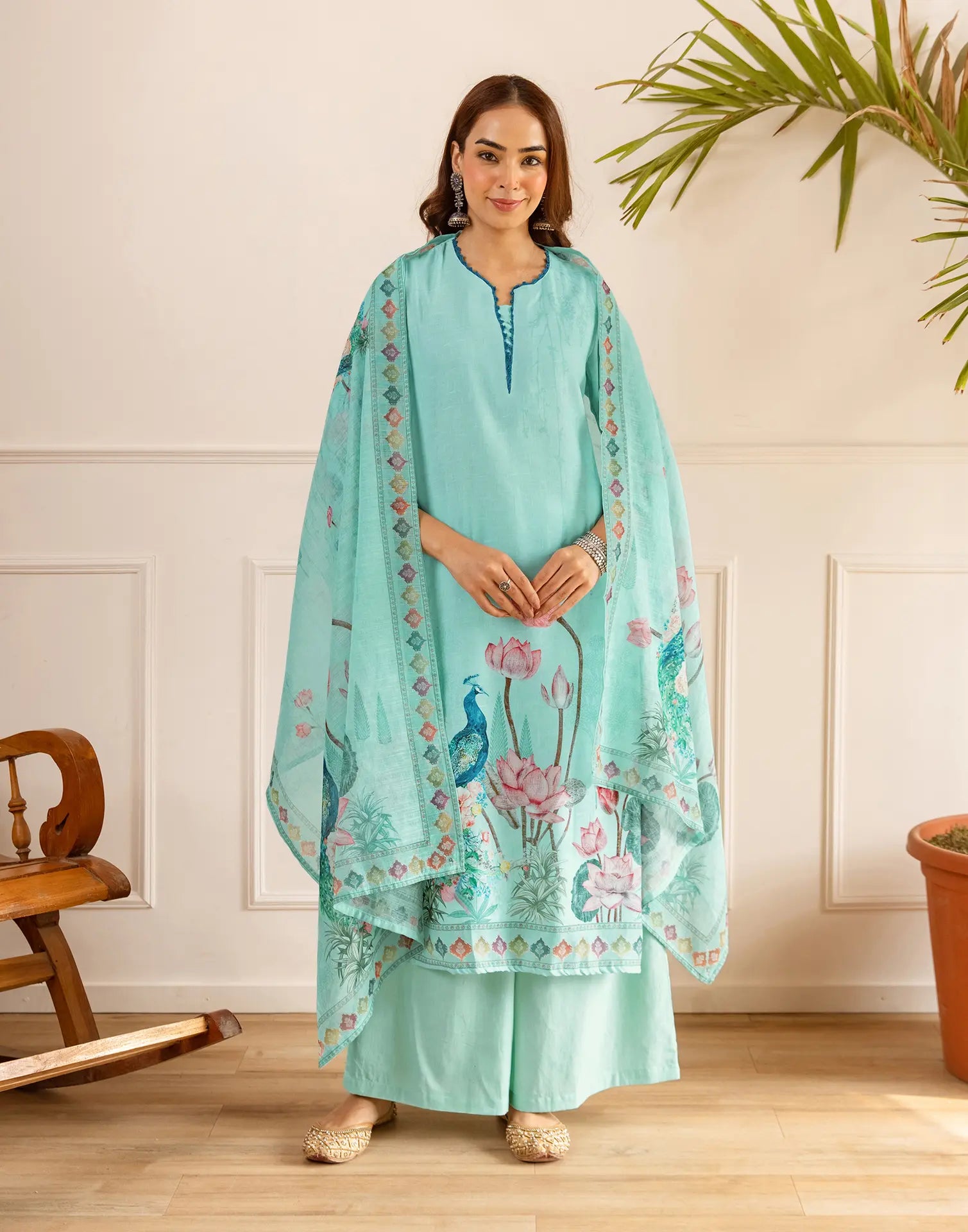 Powder Blue Notched V-Neck Digital Printed Straight 3 Piece Kurta Set with Dupatta