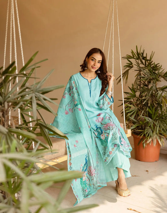 Powder Blue Notched V-Neck Digital Printed Straight 3 Piece Kurta Set With Dupatta