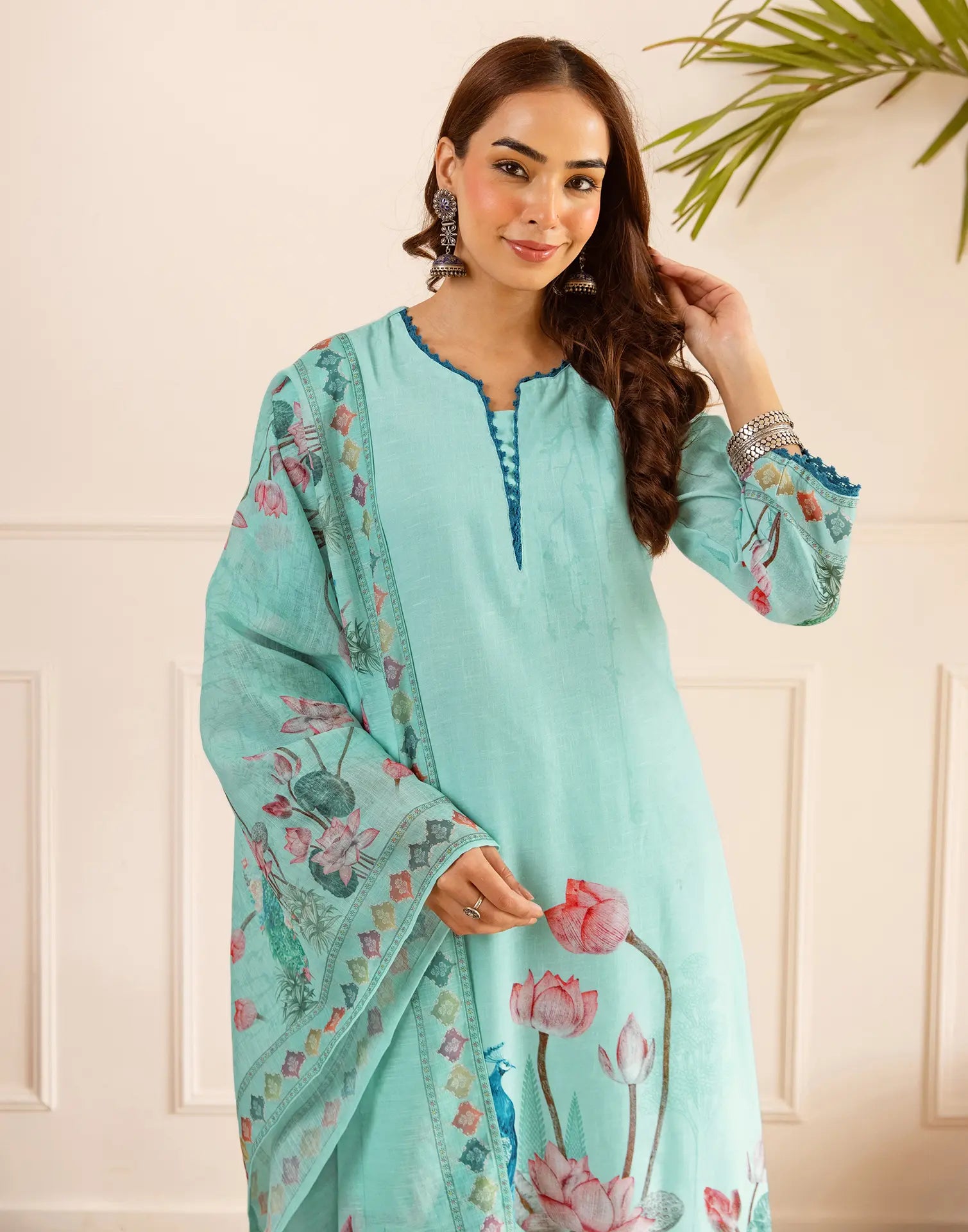 Powder Blue Notched V-Neck Digital Printed Straight 3 Piece Kurta Set with Dupatta