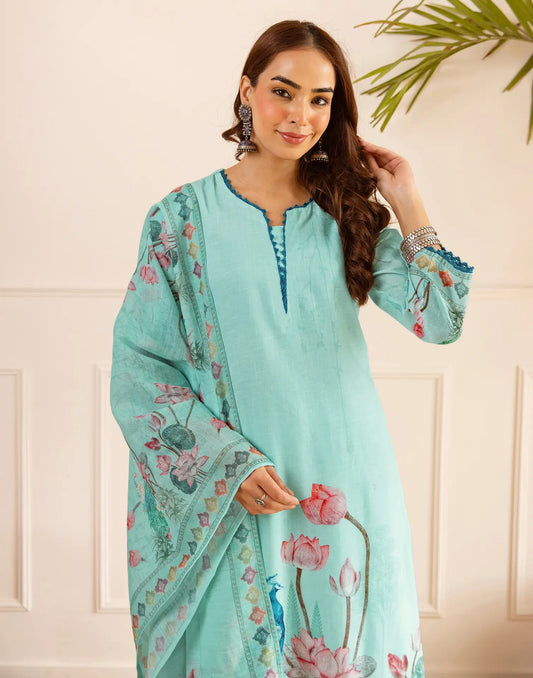 Powder Blue Notched V-Neck Digital Printed Straight 3 Piece Kurta Set With Dupatta
