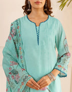 Powder Blue Notched V-Neck Digital Printed Straight 3 Piece Kurta Set with Dupatta
