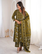 Olive Brown V-Neck Printed Angrakha, Straight 3 Piece Kurta Set with Dupatta