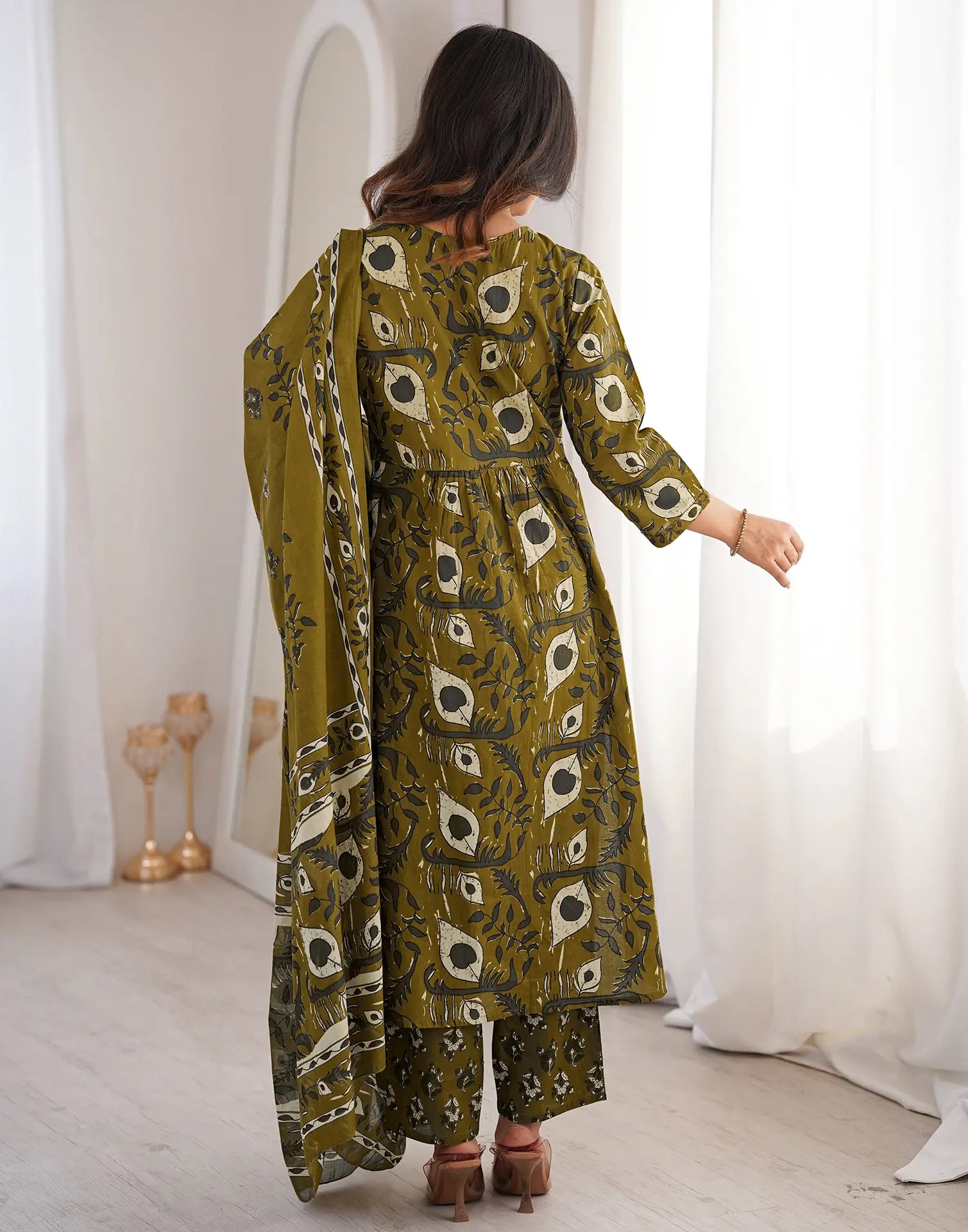 Olive Brown V-Neck Printed Angrakha, Straight 3 Piece Kurta Set with Dupatta