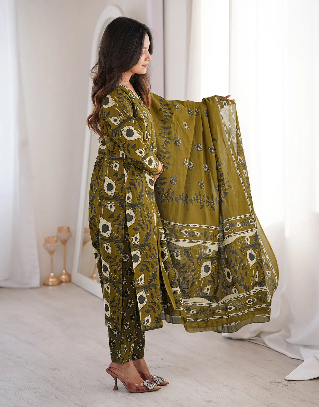 Olive Brown V-Neck Printed Angrakha, Straight 3 Piece Kurta Set with Dupatta