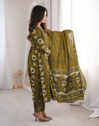 Olive Brown V-Neck Printed Angrakha, Straight 3 Piece Kurta Set with Dupatta