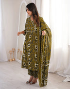 Olive Brown V-Neck Printed Angrakha, Straight 3 Piece Kurta Set with Dupatta