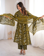 Olive Brown V-Neck Printed Angrakha, Straight 3 Piece Kurta Set with Dupatta
