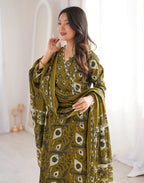 Olive Brown V-Neck Printed Angrakha, Straight 3 Piece Kurta Set with Dupatta
