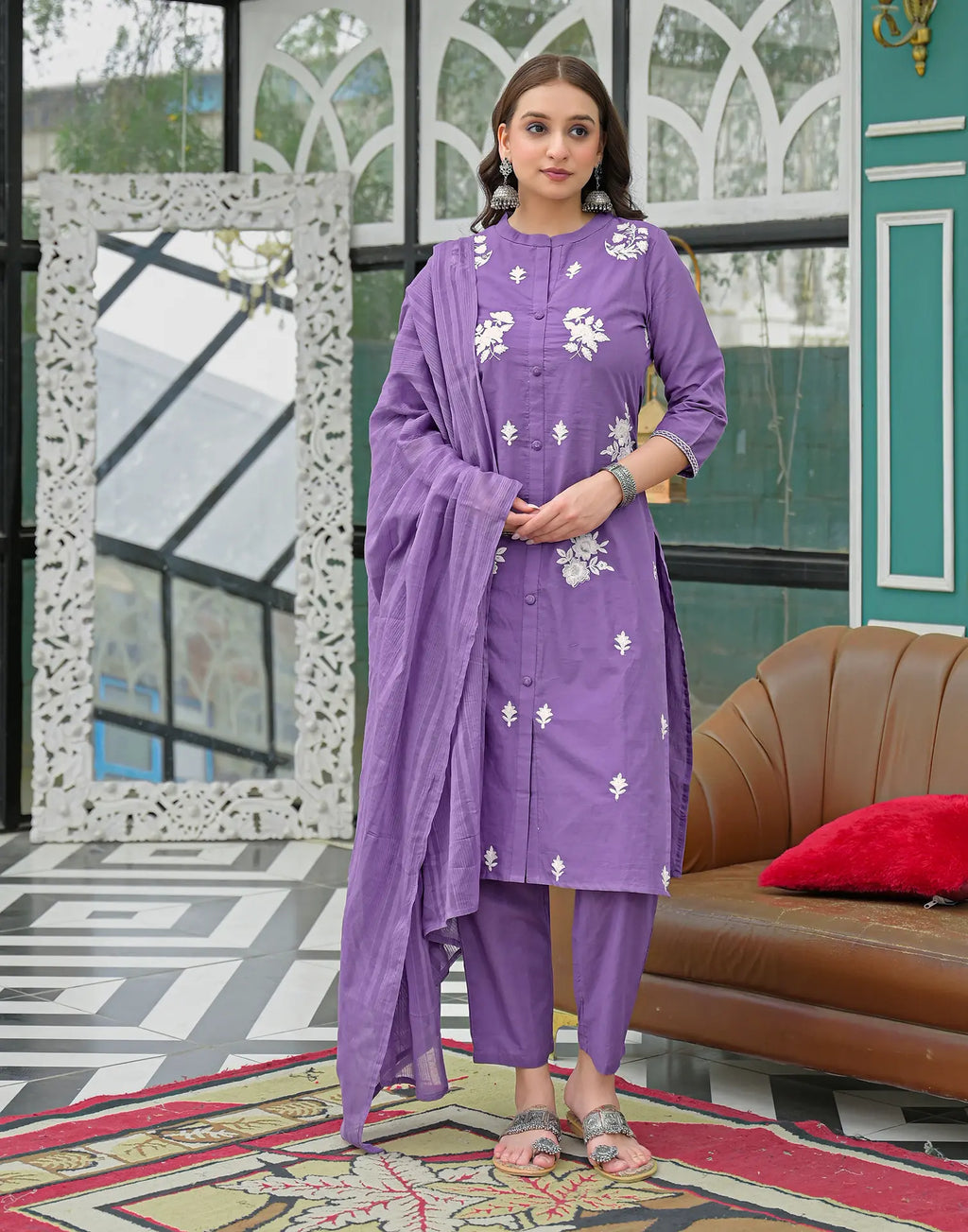 Amethyst Purple Mandarin Collar Embroidered Straight 3 Piece Kurta Set with Dupatta