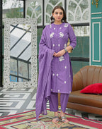 Amethyst Purple Mandarin Collar Embroidered Straight 3 Piece Kurta Set with Dupatta