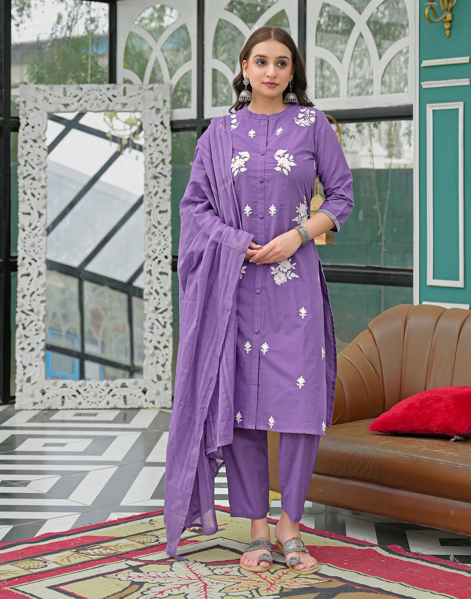 Amethyst Purple Mandarin Collar Embroidered Straight 3 Piece Kurta Set with Dupatta