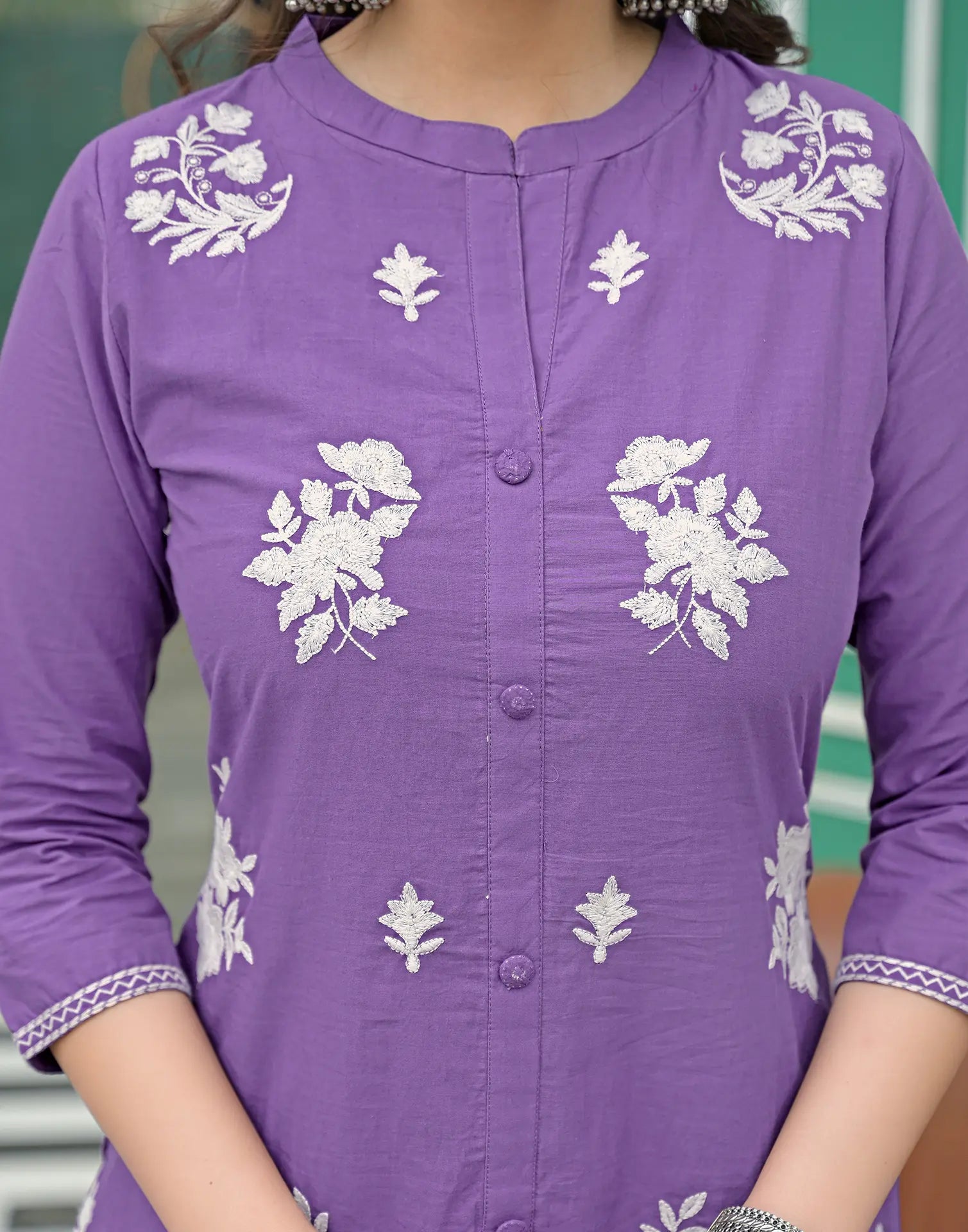 Amethyst Purple Mandarin Collar Embroidered Straight 3 Piece Kurta Set with Dupatta