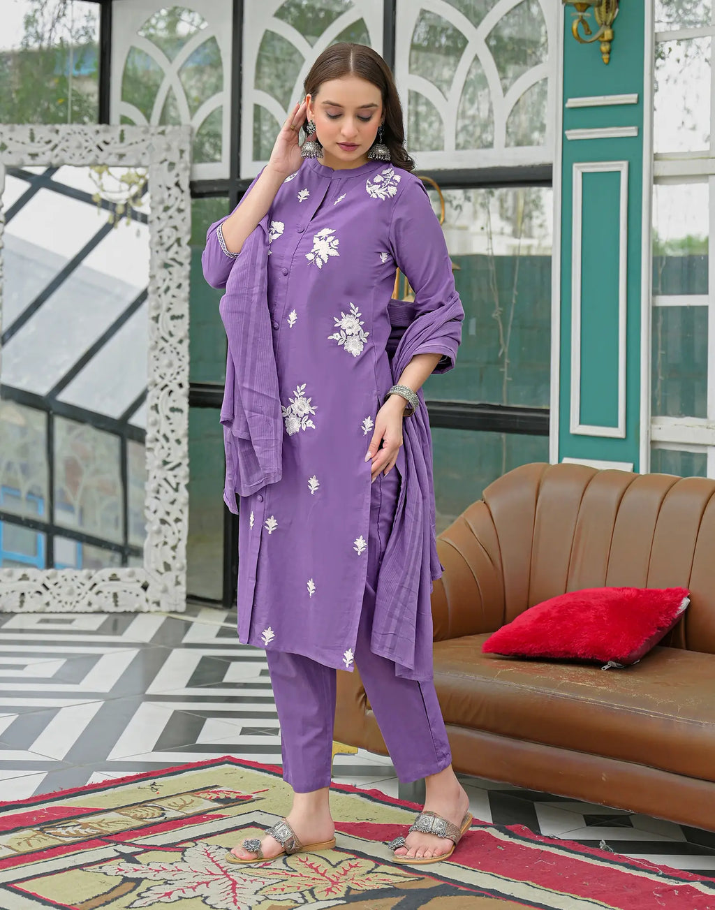 Amethyst Purple Mandarin Collar Embroidered Straight 3 Piece Kurta Set with Dupatta