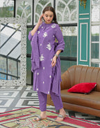 Amethyst Purple Mandarin Collar Embroidered Straight 3 Piece Kurta Set with Dupatta