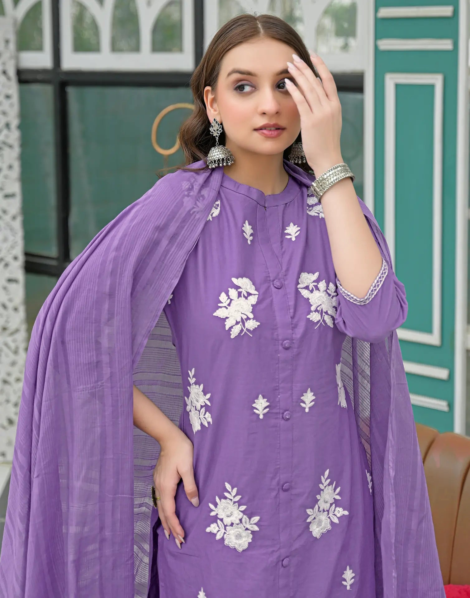 Amethyst Purple Mandarin Collar Embroidered Straight 3 Piece Kurta Set with Dupatta