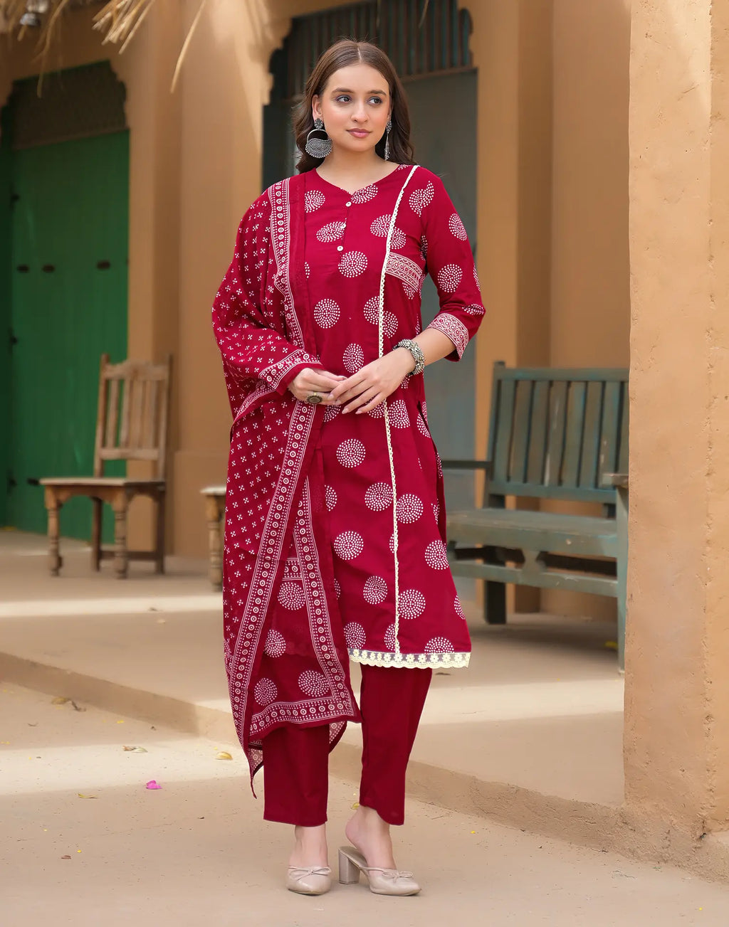 Saffron Red Keyhole Neck Bandhani Print Embroidered Mirror Work Lace Embroidery Straight 3 Piece Kurta Set with Dupatta