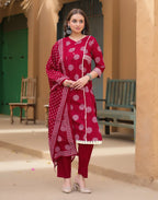 Saffron Red Keyhole Neck Bandhani Print Embroidered Mirror Work Lace Embroidery Straight 3 Piece Kurta Set with Dupatta