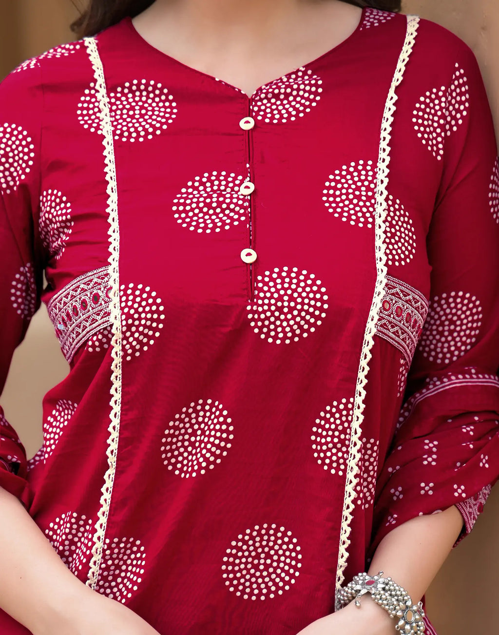 Saffron Red Keyhole Neck Bandhani Print Embroidered Mirror Work Lace Embroidery Straight 3 Piece Kurta Set with Dupatta