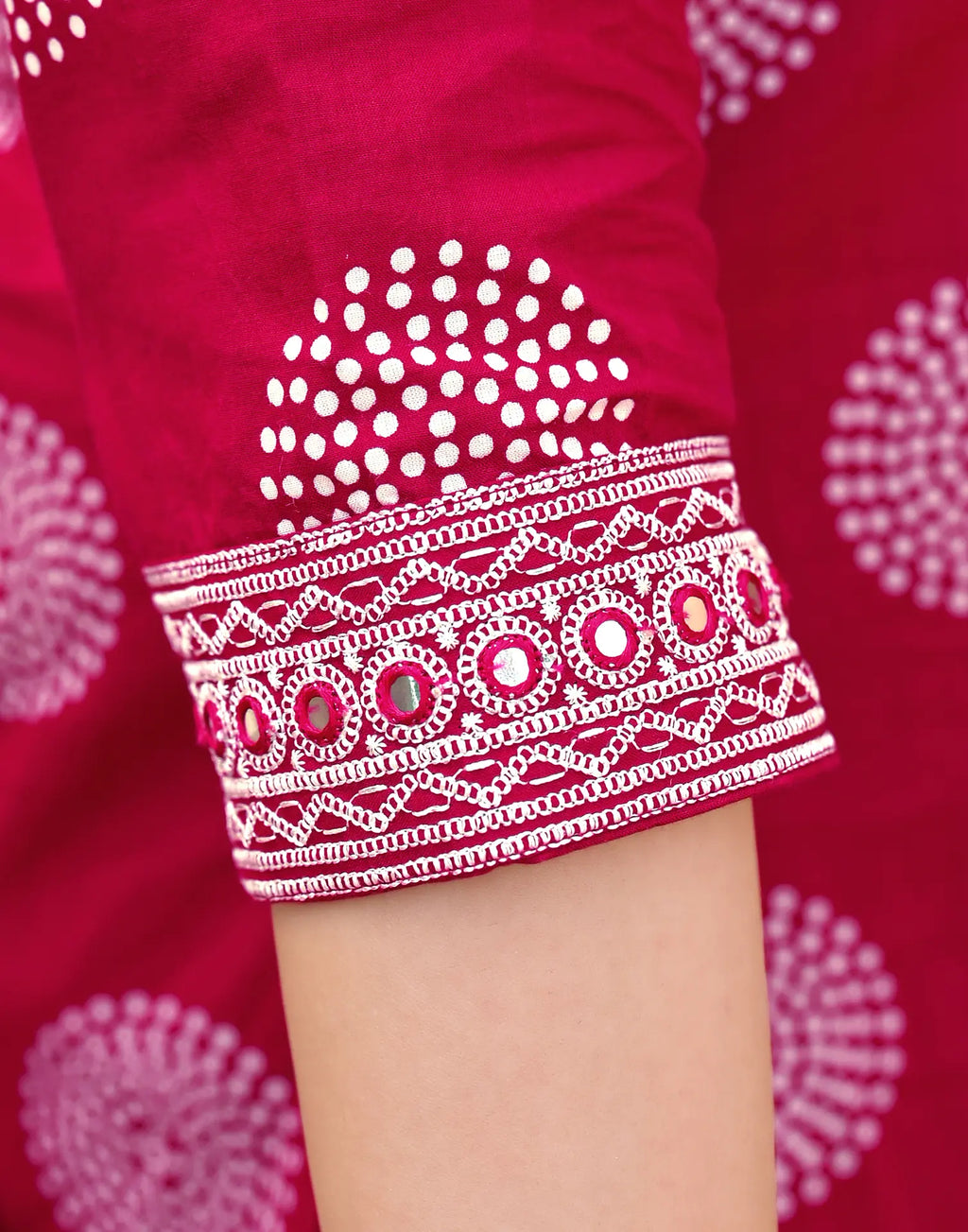 Saffron Red Keyhole Neck Bandhani Print Embroidered Mirror Work Lace Embroidery Straight 3 Piece Kurta Set with Dupatta