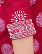 Saffron Red Keyhole Neck Bandhani Print Embroidered Mirror Work Lace Embroidery Straight 3 Piece Kurta Set with Dupatta