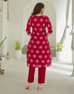 Saffron Red Keyhole Neck Bandhani Print Embroidered Mirror Work Lace Embroidery Straight 3 Piece Kurta Set with Dupatta
