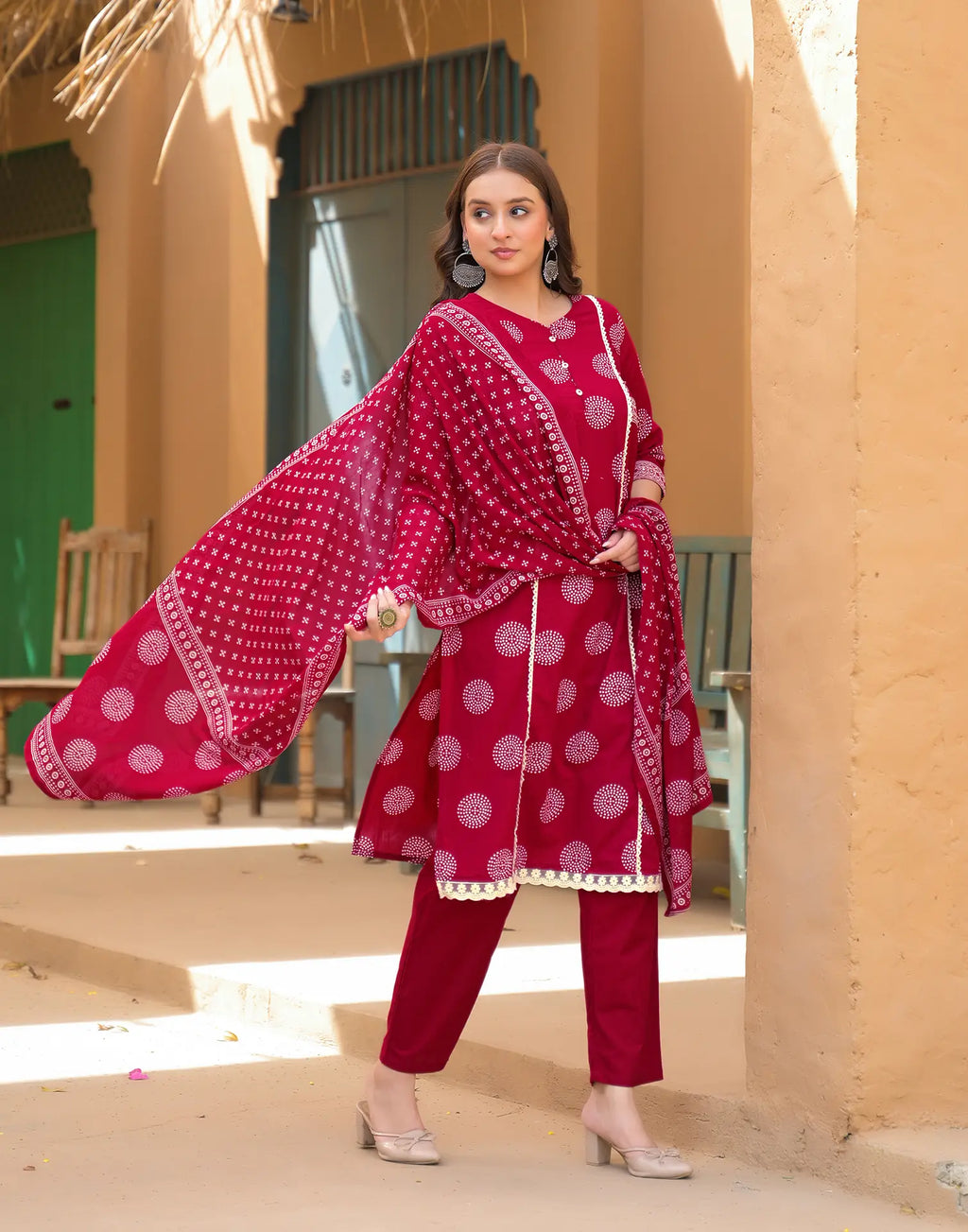 Saffron Red Keyhole Neck Bandhani Print Embroidered Mirror Work Lace Embroidery Straight 3 Piece Kurta Set with Dupatta