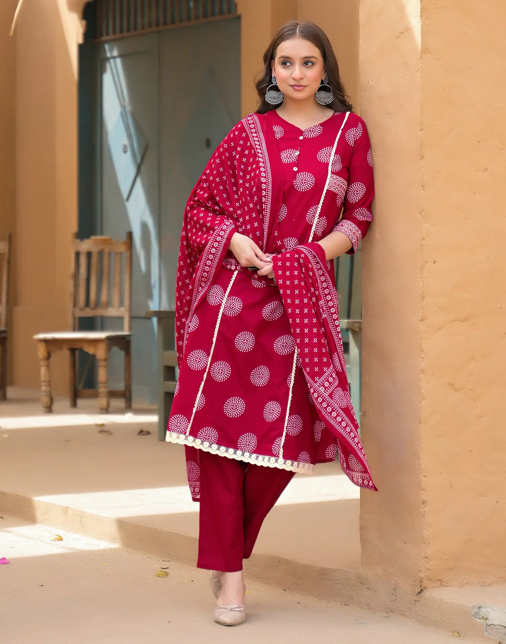 Saffron Red Keyhole Neck Bandhani Print Embroidered Mirror Work Lace Embroidery Straight 3 Piece Kurta Set with Dupatta