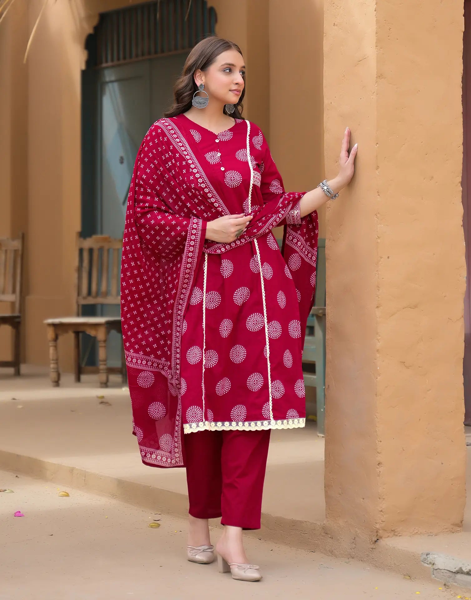 Saffron Red Keyhole Neck Bandhani Print Embroidered Mirror Work Lace Embroidery Straight 3 Piece Kurta Set with Dupatta
