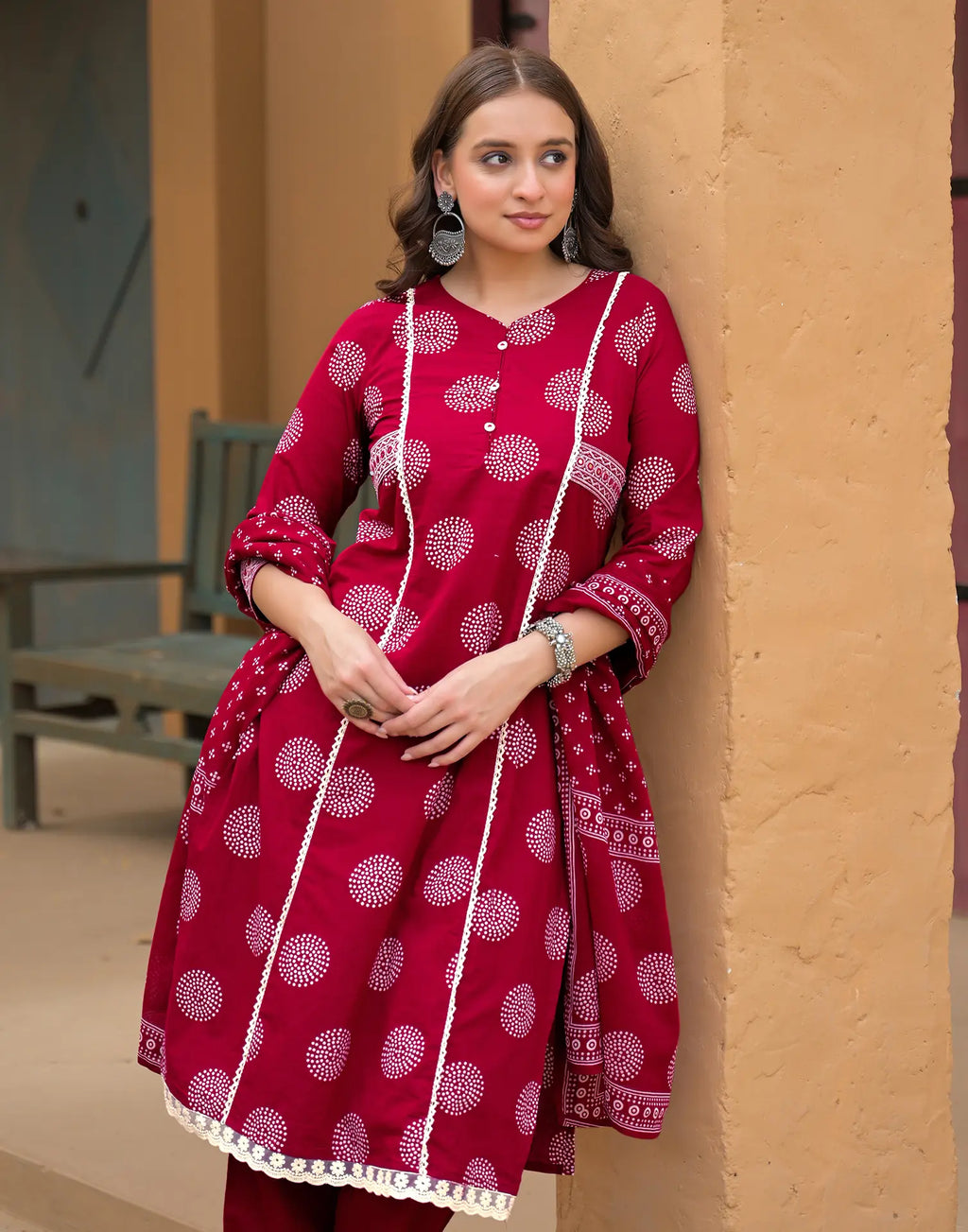 Saffron Red Keyhole Neck Bandhani Print Embroidered Mirror Work Lace Embroidery Straight 3 Piece Kurta Set with Dupatta