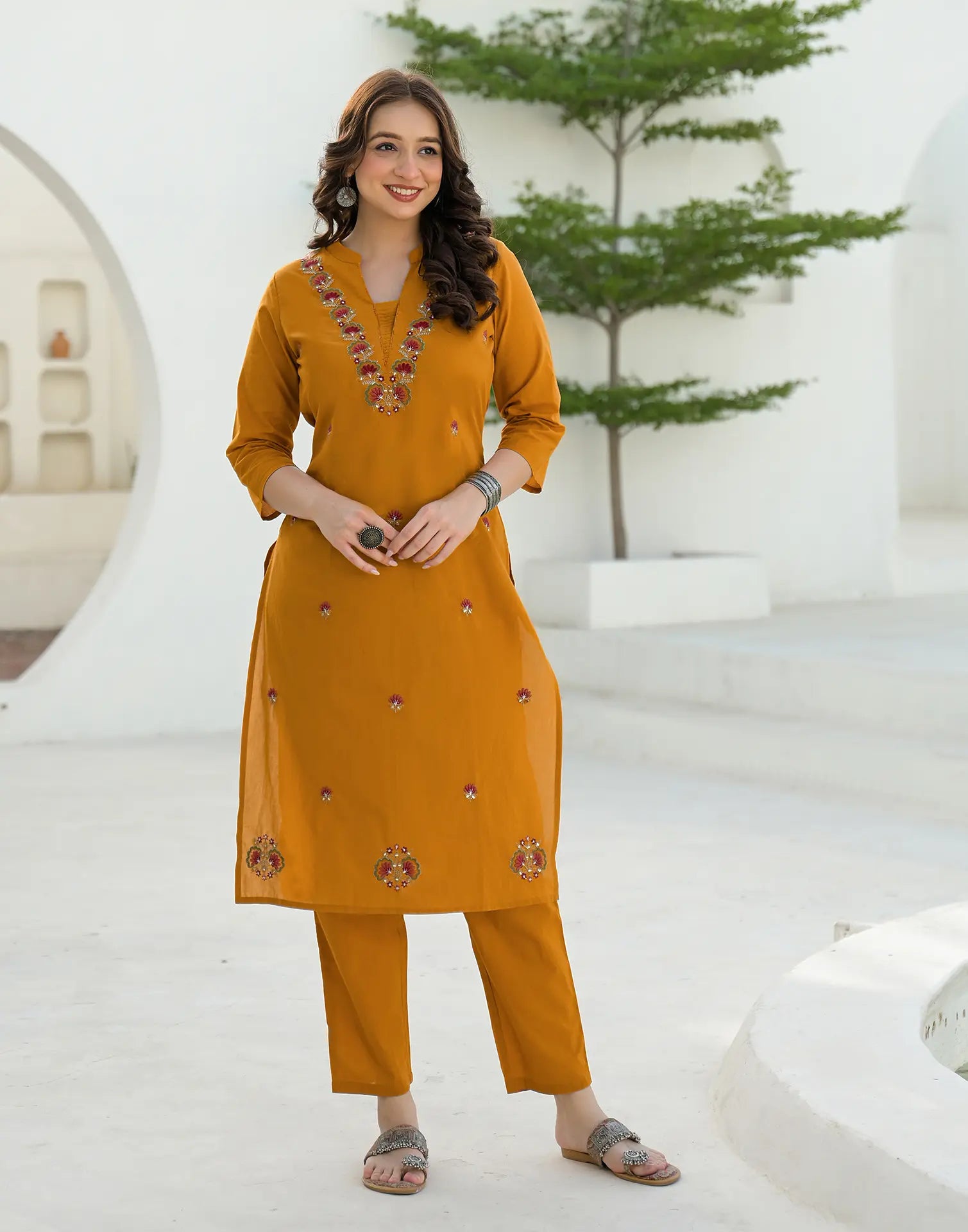 Tangerine Orange Mandarin Collar Embroidered Straight 3 Piece Kurta Set with Dupatta