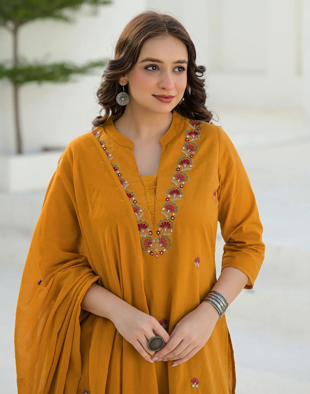 Tangerine Orange Mandarin Collar Embroidered Straight 3 Piece Kurta Set with Dupatta