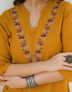 Tangerine Orange Mandarin Collar Embroidered Straight 3 Piece Kurta Set with Dupatta