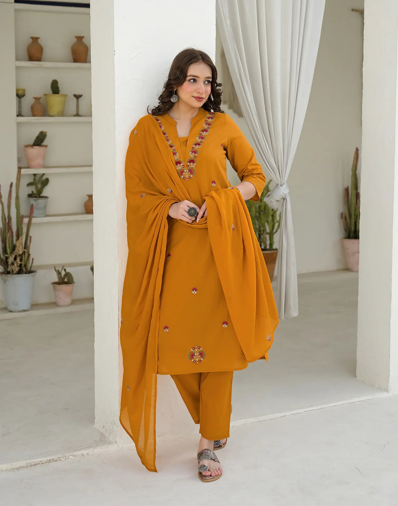 Tangerine Orange Mandarin Collar Embroidered Straight 3 Piece Kurta Set with Dupatta