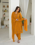 Tangerine Orange Mandarin Collar Embroidered Straight 3 Piece Kurta Set with Dupatta