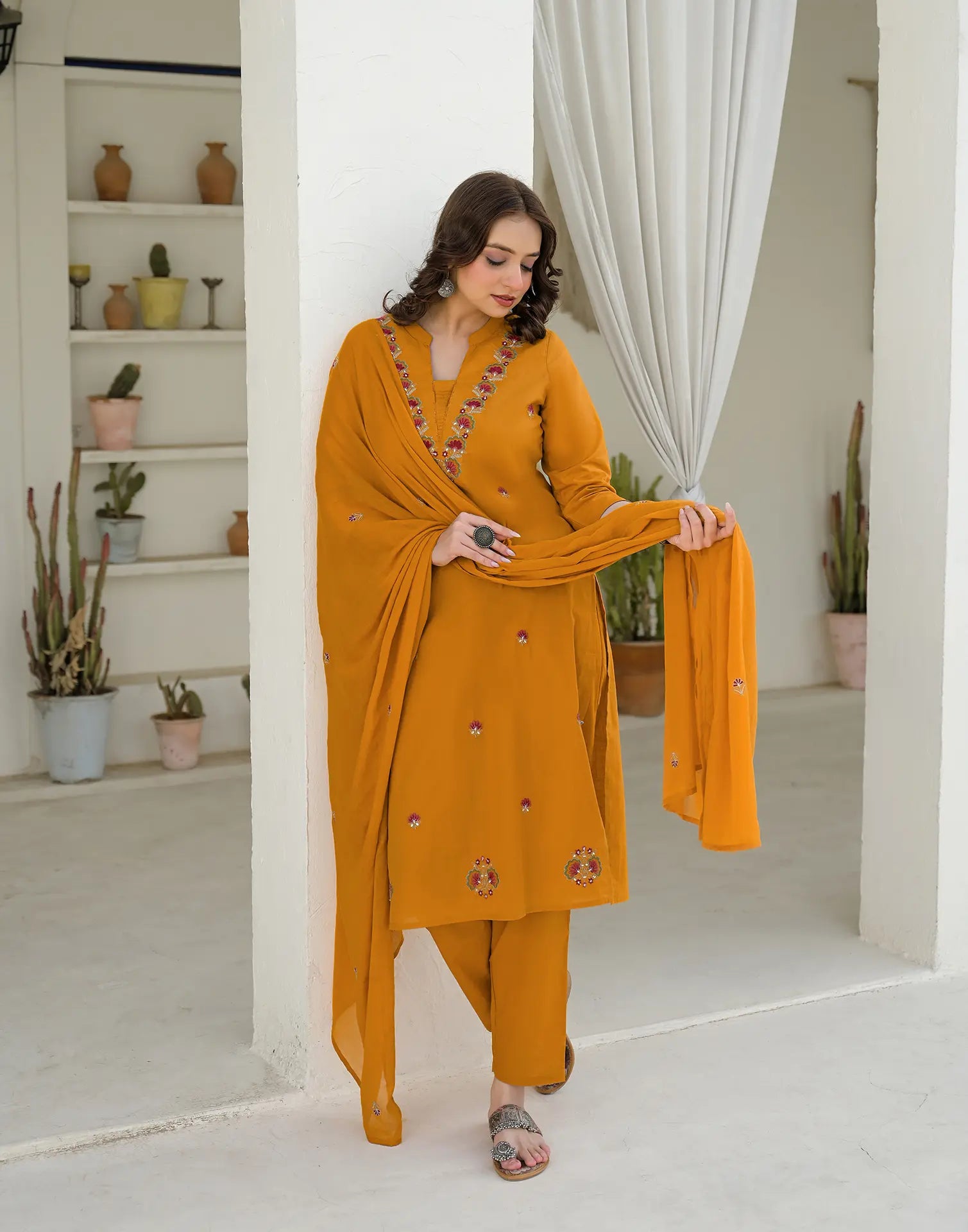 Tangerine Orange Mandarin Collar Embroidered Straight 3 Piece Kurta Set with Dupatta