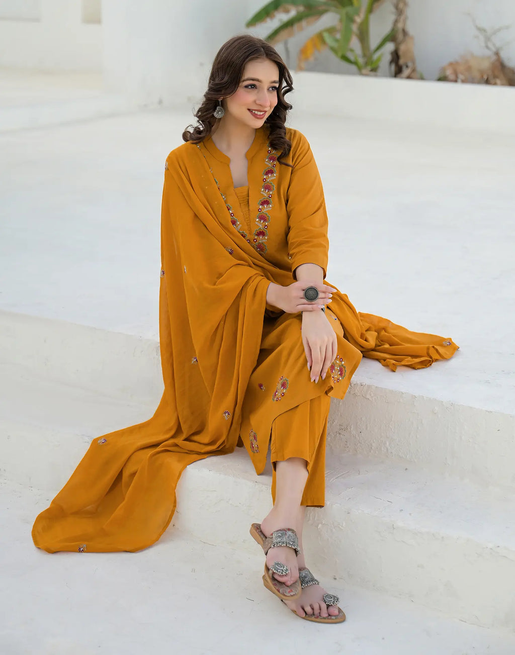 Tangerine Orange Mandarin Collar Embroidered Straight 3 Piece Kurta Set with Dupatta