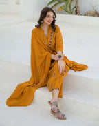 Tangerine Orange Mandarin Collar Embroidered Straight 3 Piece Kurta Set with Dupatta