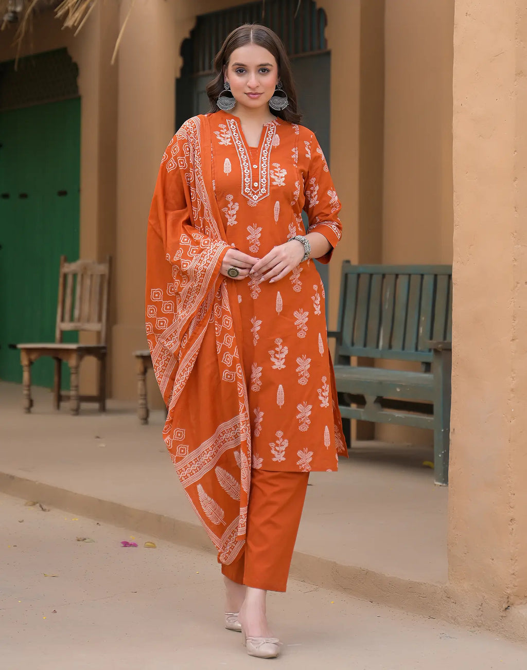 Salamander Orange Mandarin Collar Embroidered Printed Straight 3 Piece Kurta Set with Dupatta