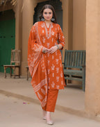 Salamander Orange Mandarin Collar Embroidered Printed Straight 3 Piece Kurta Set with Dupatta