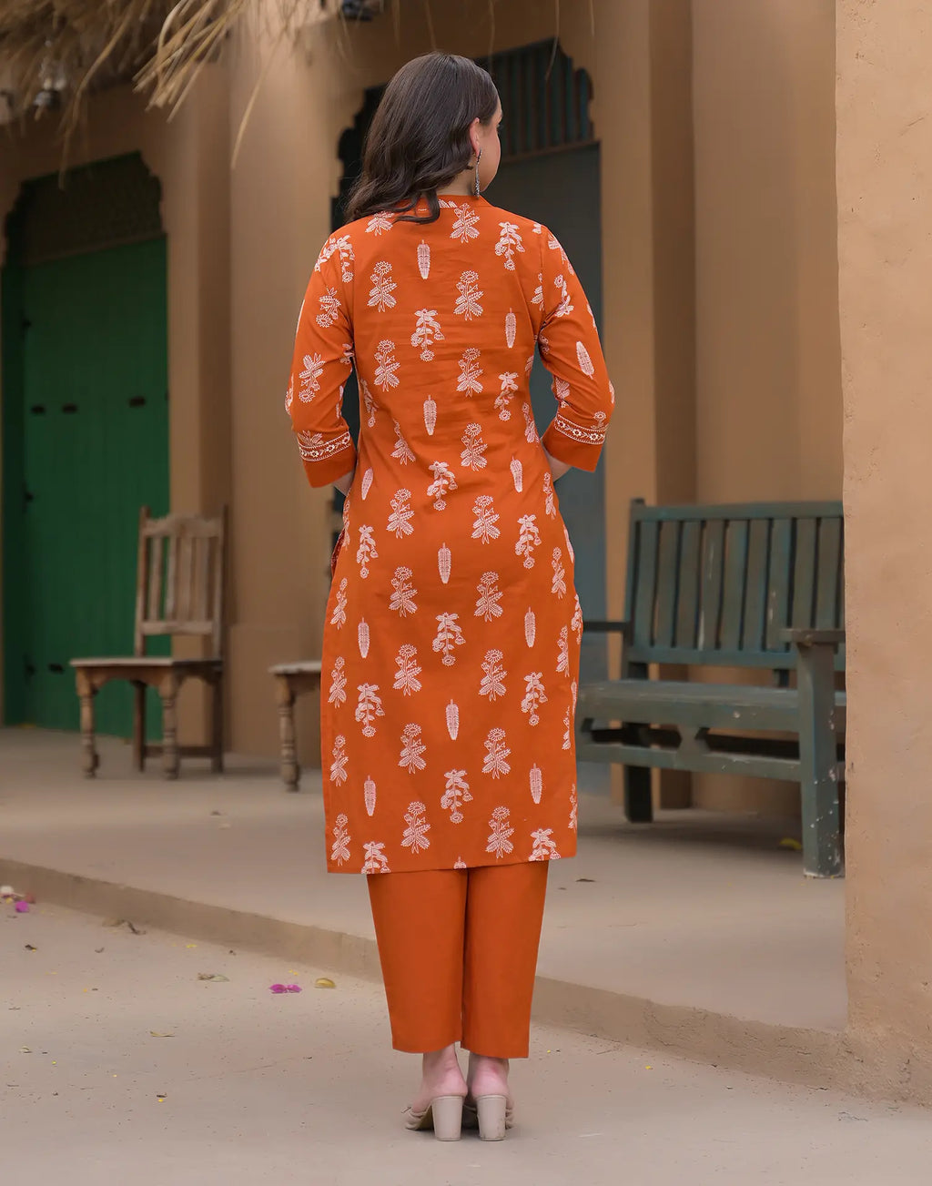 Salamander Orange Mandarin Collar Embroidered Printed Straight 3 Piece Kurta Set with Dupatta