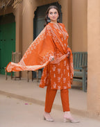 Salamander Orange Mandarin Collar Embroidered Printed Straight 3 Piece Kurta Set with Dupatta