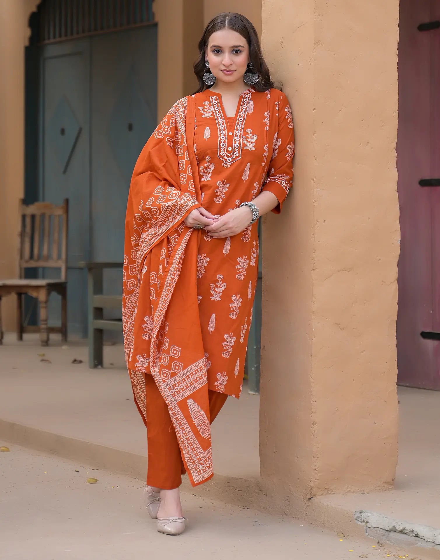 Salamander Orange Mandarin Collar Embroidered Printed Straight 3 Piece Kurta Set with Dupatta
