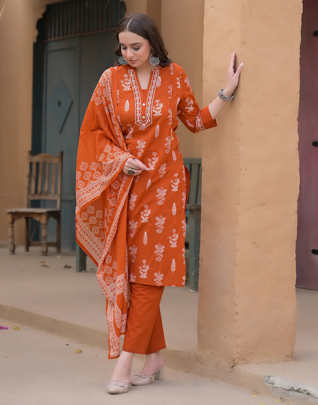 Salamander Orange Mandarin Collar Embroidered Printed Straight 3 Piece Kurta Set with Dupatta