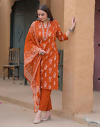 Salamander Orange Mandarin Collar Embroidered Printed Straight 3 Piece Kurta Set with Dupatta