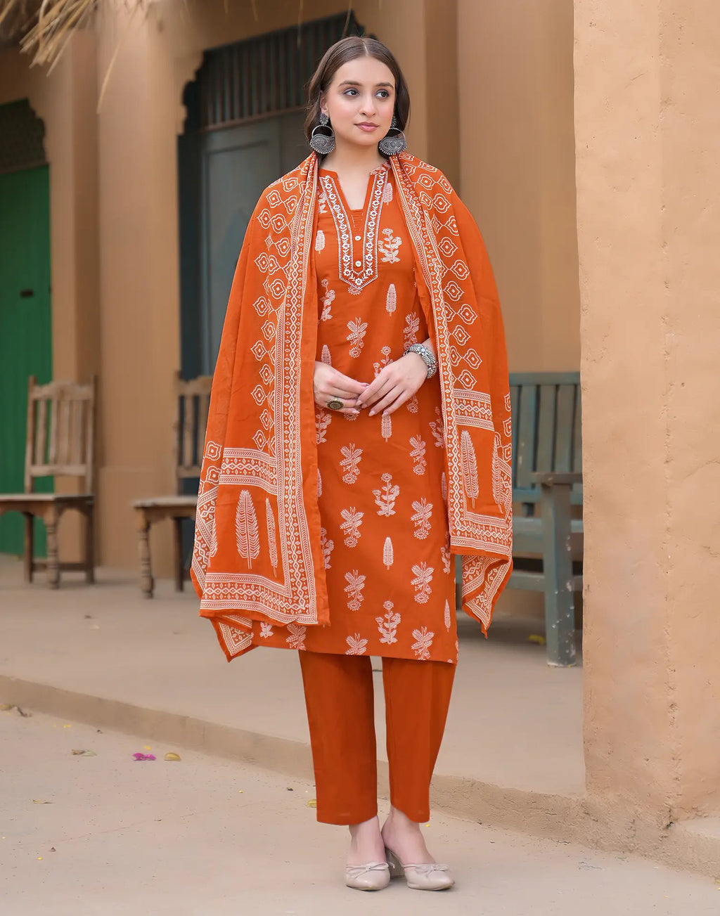 Salamander Orange Mandarin Collar Embroidered Printed Straight 3 Piece Kurta Set with Dupatta
