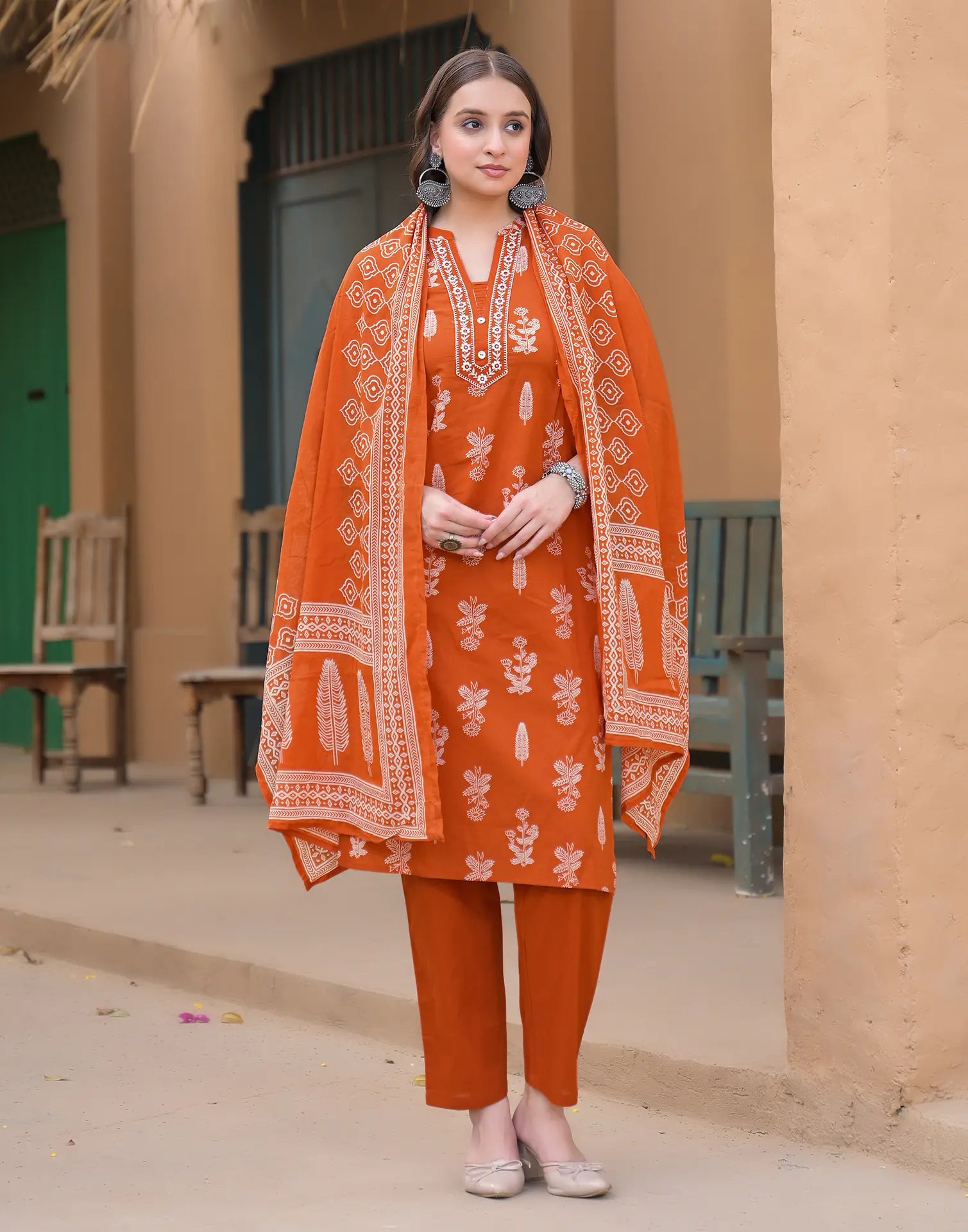 Salamander Orange Mandarin Collar Embroidered Printed Straight 3 Piece Kurta Set with Dupatta