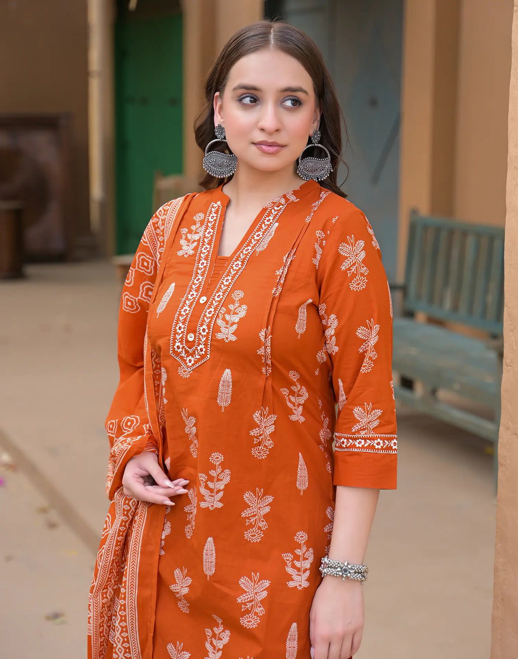 Salamander Orange Mandarin Collar Embroidered Printed Straight 3 Piece Kurta Set with Dupatta