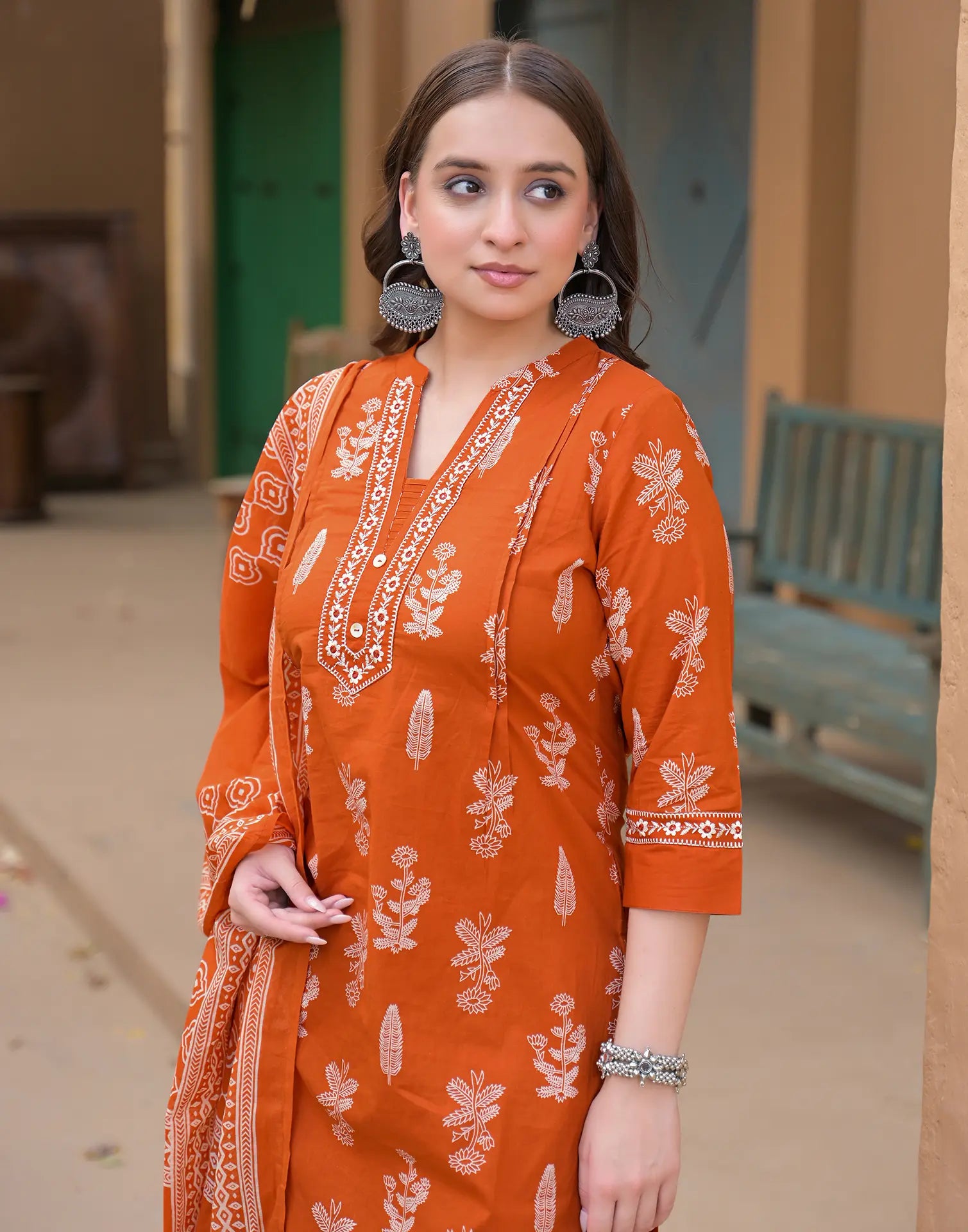 Salamander Orange Mandarin Collar Embroidered Printed Straight 3 Piece Kurta Set with Dupatta