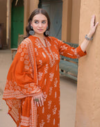 Salamander Orange Mandarin Collar Embroidered Printed Straight 3 Piece Kurta Set with Dupatta